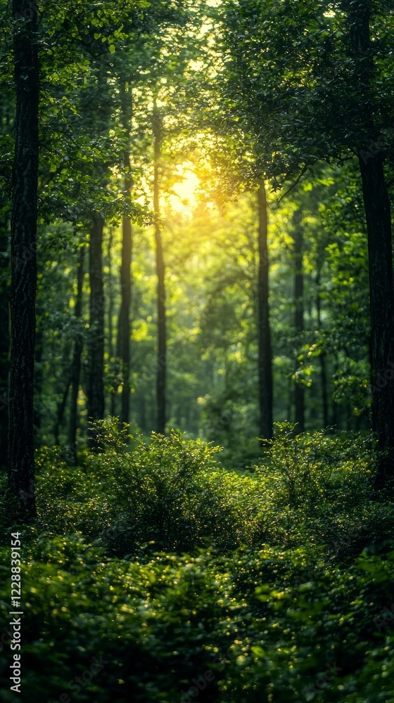 Poster soft sunlight breaks through dense trees, casting a magical glow on ferns and underbrush in a tranqu