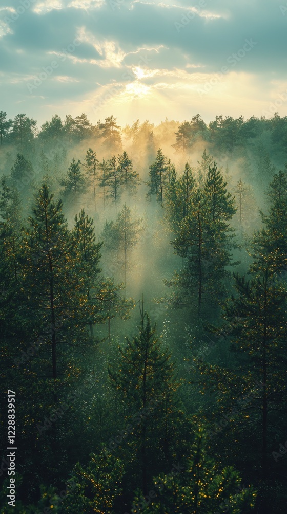 Poster early morning mist envelops a tranquil forest, where soft beams of light dance through the trees, cr