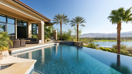 Fototapeta premium Modern home with large infinity pool, palm trees and lake in the background. Large windows and stone accents.