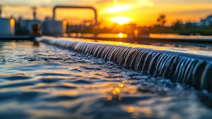 Water flowing over a weir at sunset.