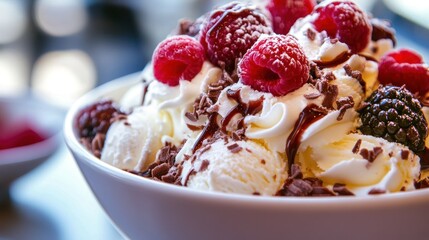 Delicious ice cream sundae with raspberries, chocolate shavings, and whipped cream.