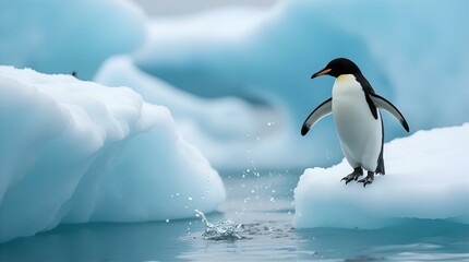 Fototapeta premium Majestic Emperor Penguin on Iceberg in Antarctica Stunning Wildlife Photography Breathtaking Nature Scene Glacial Landscape Winter Wonderland Polar Regions Aquatic Bird
