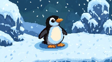 Penguin in snowy landscape, winter scene, arctic habitat