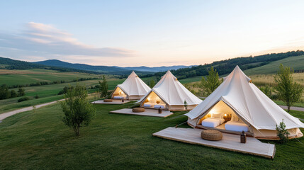 Luxurious glamping tents in serene landscape at sunset