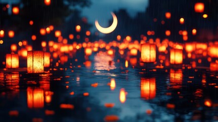 Rainy night, floating lanterns, crescent moon, reflective water, festival