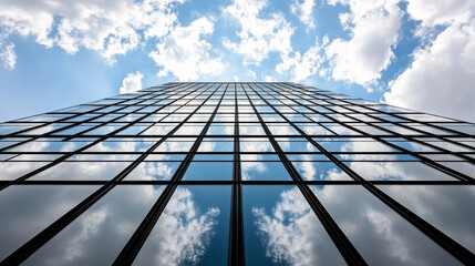 modern skyscraper reflecting clouds in blue sky