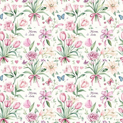 Floral pattern design featuring roses, tulips, and butterflies, perfect for celebrating mom's love in springtime
