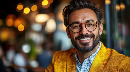 Fototapeta premium Smiling man cafe portrait, bokeh background, advertising