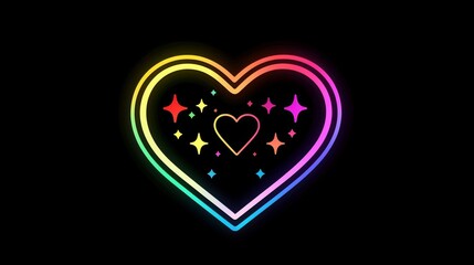 Cute neon heart logo with cartoon style light beams and pastel rainbow colors, ideal for playful product packaging