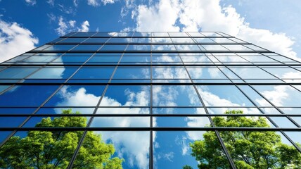 Modern glass building reflecting clouds and trees under a bright blue sky.