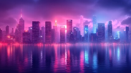 Neon cityscape reflection, night, harbor, futuristic, backdrop