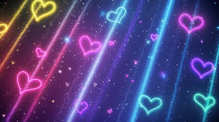 Digital backdrop for live events featuring a wall of glowing neon hearts and vibrant light rays, ideal for virtual celebrations