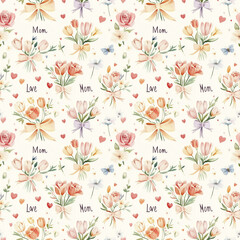 Colorful floral pattern with hearts and words of affection for Mom, perfect for card or wallpaper designs