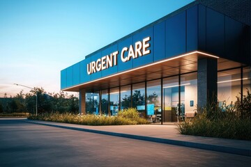 Modern urgent care facility exterior with illuminated signage at dusk.