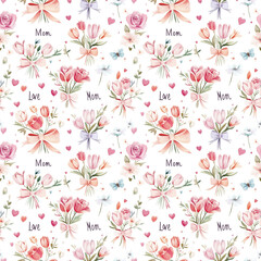 Colorful floral pattern featuring hearts and the words Mom and Love designed for Mother's Day decor and celebrations