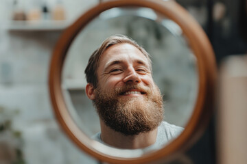 A mirror with a happy face, reflecting a perfectly trimmed beard - obrazy, fototapety, plakaty
