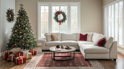Decorated Christmas tree in living room with sectional sofa, presents, and wreath