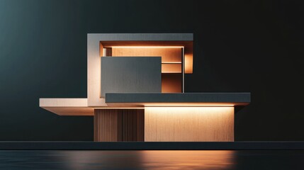 A sleek, contemporary minimalist house in beige and brown, isolated against a moody dark background.