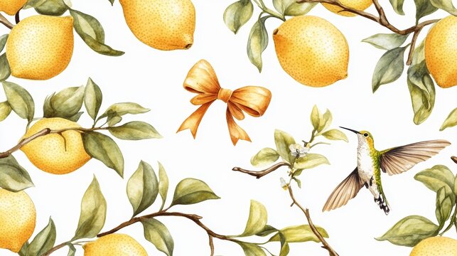 Traditional Italian ornament and branches of lemons watercolor seamless pattern Sicilian summer print with hummingbirds and bows Mediterranean print for fabric and wallpaper Ctrus and majolica
