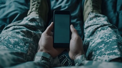 A soldier holding a smartphone with a message to their spouse, military boots and dog tags visible in the frame.