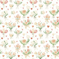 Floral pattern with pastel colors and hearts celebrating love and motherhood in a soft and elegant design