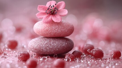 Pink flower atop stones, bokeh background, spa serenity