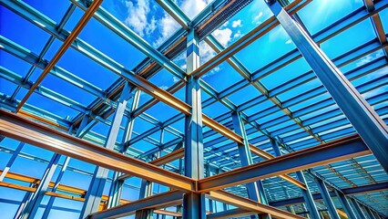 Obraz premium Minimalist Steel Building Frame Against Blue Sky - Low Angle View