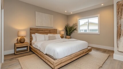 Modern bedroom, wood bed, coastal view, neutral decor, real estate