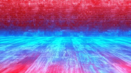 Neon brick wall with blue and pink light, dark grunge background, retro glow effect, vintage interior design, lit abstract room.