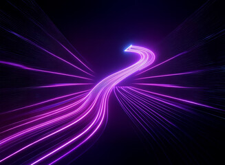 A vibrant purple neon light streak curves through a dark, abstract background.  The light trails create a sense of speed and motion, radiating outwards.