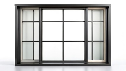 Modern Black Metal Window Frame, Empty Glass Interior Office, Architectural Element, Isolated on White Background