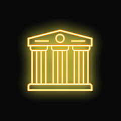 Neon yellow historical building facade with pillars icon glowing on black background