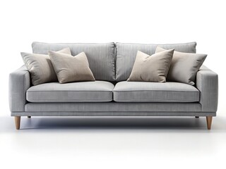 Obraz premium Modern Gray Sofa with Pillows, Isolated on White Background - High-Resolution Stock Photo