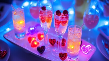 Elegant Valentines snack platter with glowing jellies, neon tinted candies, and champagne flutes filled with light up garnished drinks