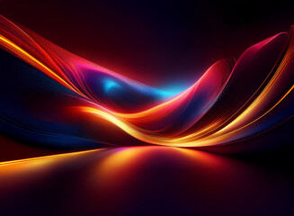 Fototapeta premium Abstract artwork featuring vibrant, flowing, luminous waves of red, orange, and blue hues, creating a dynamic, energetic, and visually striking composition. The dark background enhances the luminosit