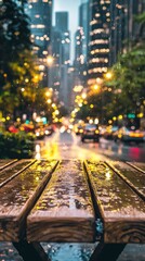 Rainy City Night  Wet Bench  Urban Lights  Blurry Background