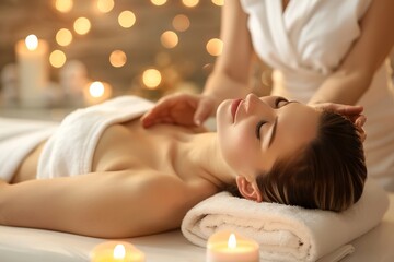 Naklejka premium Take time to relax and unwind with a serene spa experience. A soothing massage in a tranquil candlelit setting promotes balance and rejuvenation, providing blissful relaxation for both body and mind