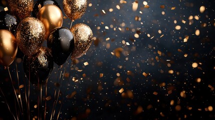 Black and gold balloons with confetti.