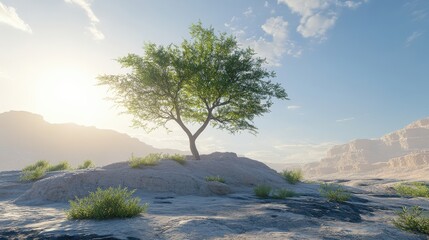 A solitary tree stands on rocky terrain under a bright sky, surrounded by sparse vegetation and mountains