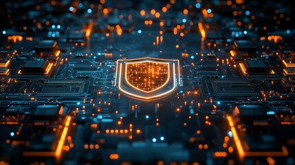 Cybersecurity concept with shield icon hologram emerging from a digital computer chip minimalistic modern style with bright tone and blurred background empty caption space