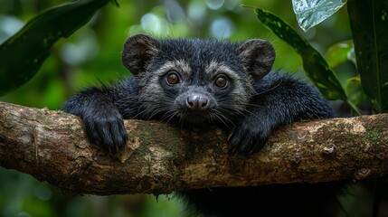 Obraz premium A binturong relaxes on a sturdy branch, its fur glistening with moisture. The lush green foliage envelops the creature, creating a serene and enchanting atmosphere in its natural habitat