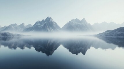 Serene mountain landscape reflecting in calm water with misty atmosphere and soft lighting
