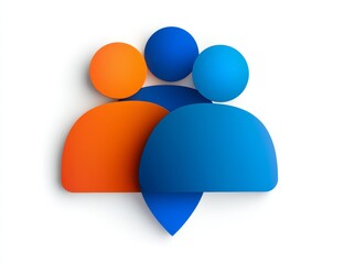 Three abstract people icons in orange and blue, symbolizing teamwork, collaboration, and community.