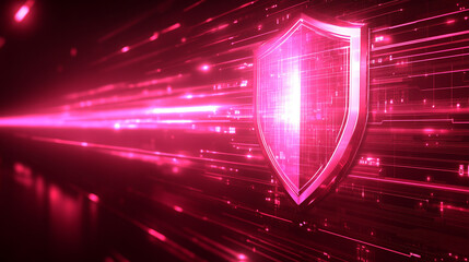 Cybersecurity concept with shield icon hologram emerging from a digital computer chip minimalistic modern style with bright tone and blurred background empty caption space