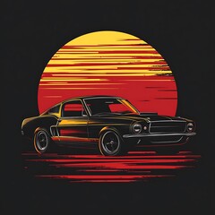 Retro muscle car graphic design, sunset background. Possible use T-shirt design, poster