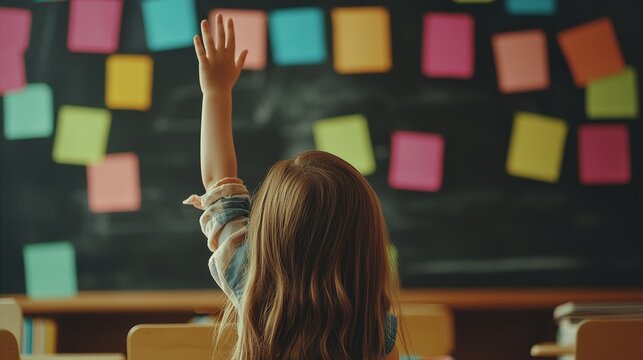 Little girl raising hand in classroom learning environment back view