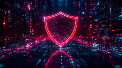 Cybersecurity concept with shield icon hologram emerging from a digital computer chip minimalistic modern style with bright tone and blurred background empty caption space