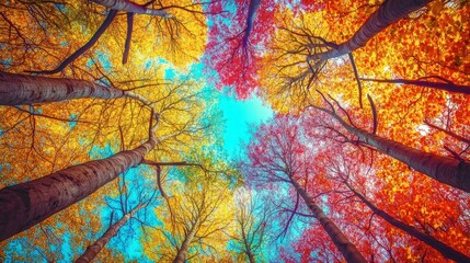 A Stunning Canopy of Autumn Colors: Vibrant Red, Orange, and Yellow Leaves Against a Clear Blue Sky
