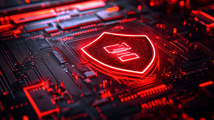 Cybersecurity concept with shield icon hologram emerging from a digital computer chip minimalistic modern style with bright tone and blurred background empty caption space