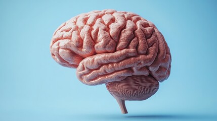 Pink brain model, studio shot, blue background, medical illustration